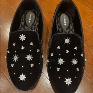 Birdies Black Velvet Loafers with Star Embellishments